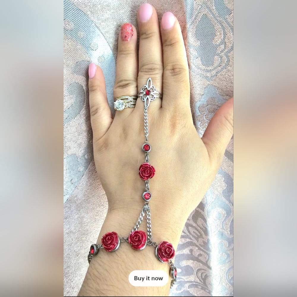 Handmade Red Rose Hand Chain Bracelet Ring – Stainless Steel & Rhinestones – Got
